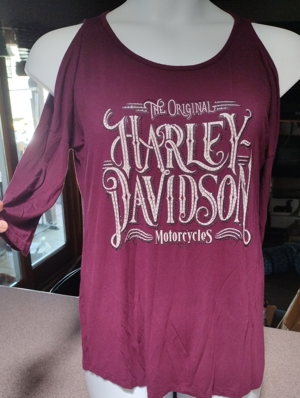 HD of Folsom, California Cold Shoulder Burgundy Bling Top